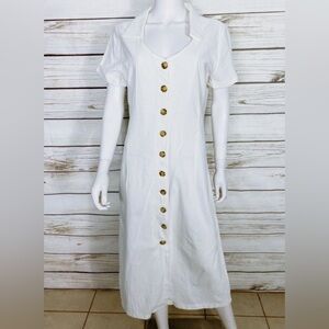 Misslook Womens Midi Dress Size L White Button Up V-Neck Short Sleeve